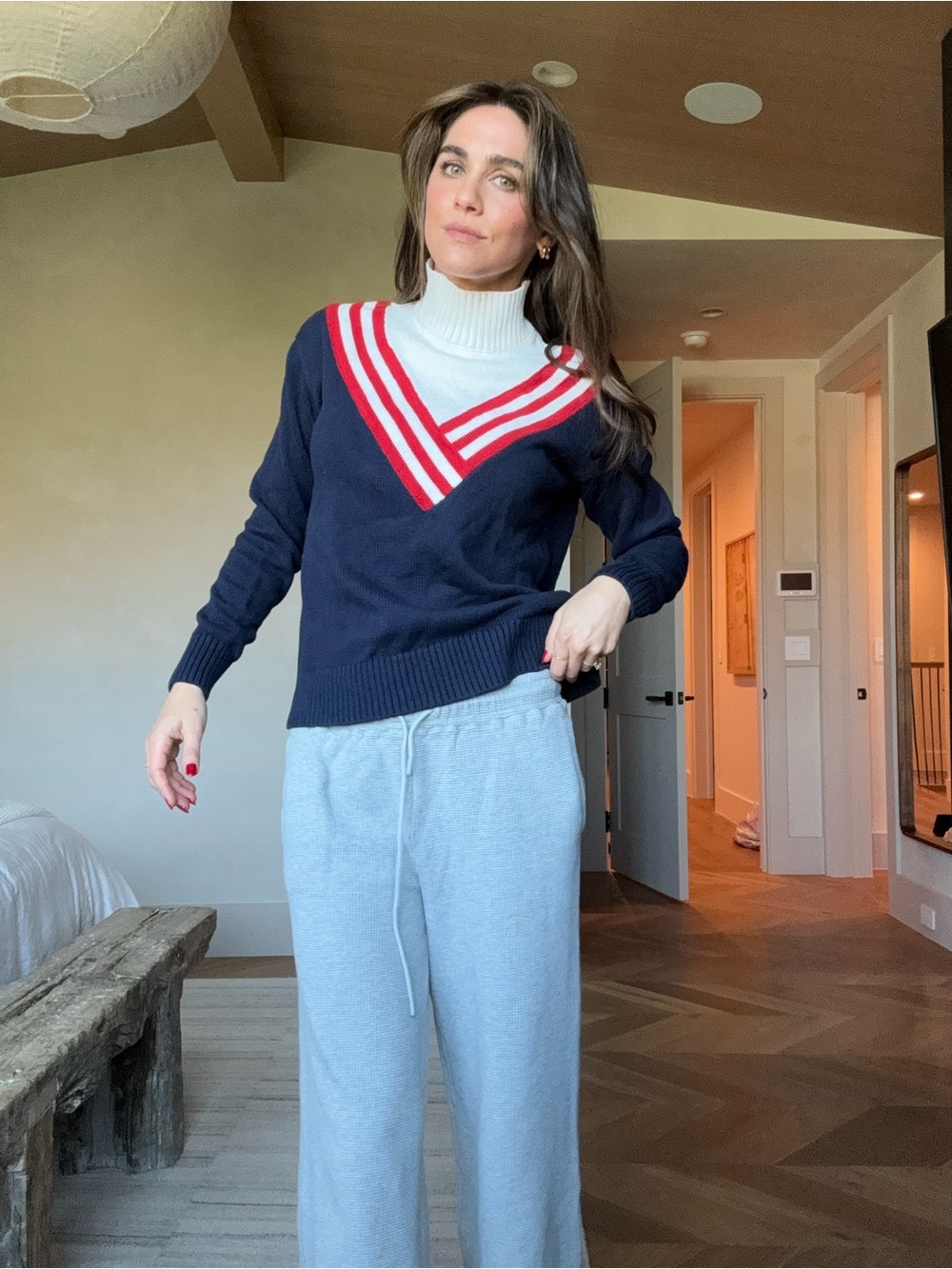 Tuckernuck Navy V-Neck Sweater with Red & White Stripe